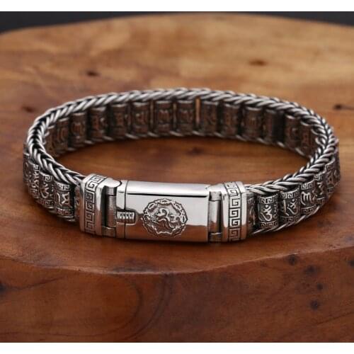 BOCAI New real S925 pure silver Man bracelet hand-woven Buddhist six-character mantra revolver personality good luck Boys gifts