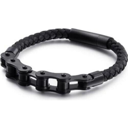 Fashion Punk Black Stainless Steel Bicycle Chain Leather Bracelet Mens Rock Party Biker Jewelry