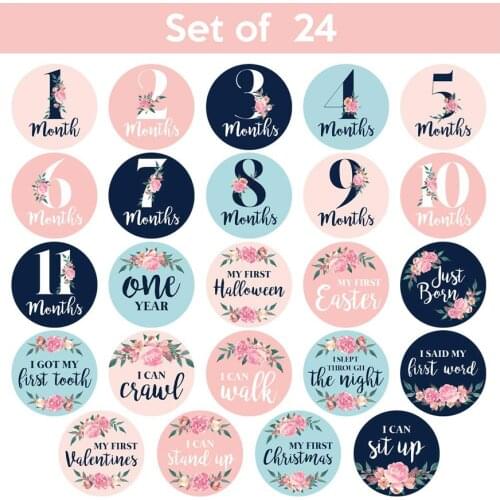 24 Pcs Baby Monthly Stickers Milestone Newborn Girl Sticker Memorial Sticker Newborn Baby Photo Props Accessories For Baby Girl