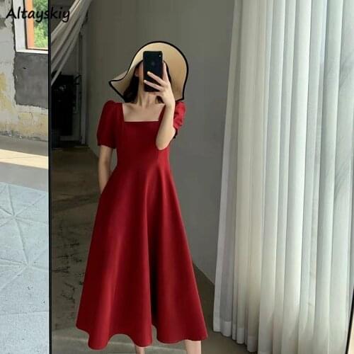 Dresses for Women Mid-calf Summer Elegant A-line Temperament Maxi Dress Vestido Feminino Korean Style Fashion Solid Puff Sleeve