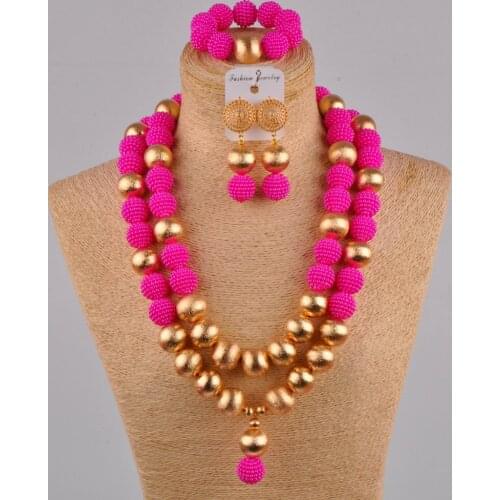 Fuchsia pink 24 inches simulated pearl african necklace nigerian beads jewelry set for women FZZ40