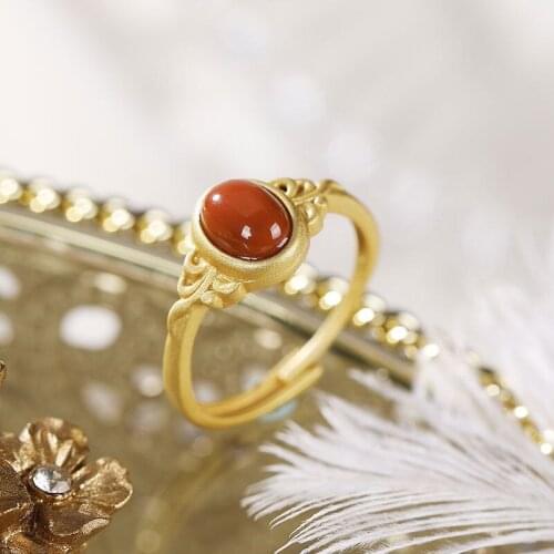 S925 Sterling Silver Natural South Red Agate Ring Simple All-Matching Graceful Open S925 Sterling Silver Ornament
