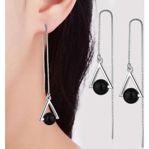 TJP Cute Black Stones Long Tassel Earrings For Women Wedding Party Jewelry Fashion Girl 925 Silver Earrings Jewelry Triangle