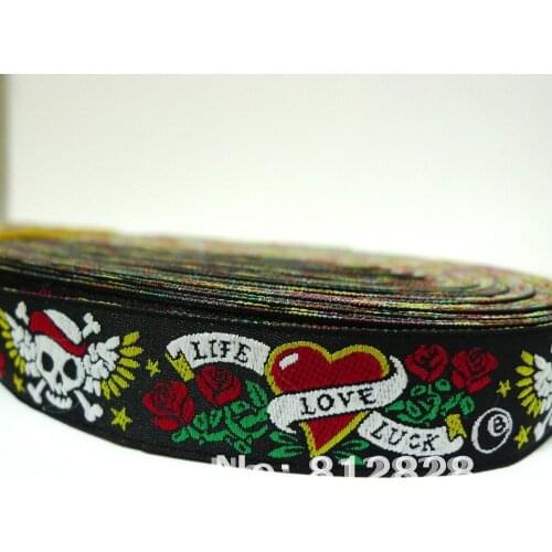 7/8'' 22mm Wide Skull Tattoo Black Tone Woven Jacquard Ribbon For Dog Collar Free Shipping