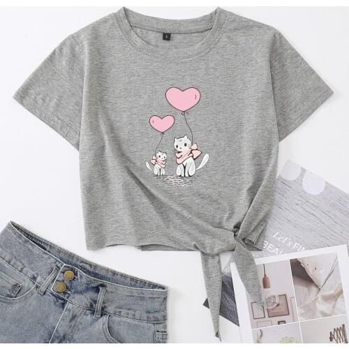 Mommy Baby Cat Love Heart Crop Top Womens Summer Short-sleeve Print Cotton T-shirt Cropped Tops Graphic Tee with Front Knot