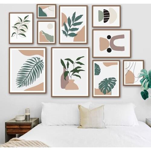 Sun Mountain Vase Palm Green Leaf Line Wall Art Canvas Painting Nordic Posters And Prints Pictures For Living Bedroom Boho Decor