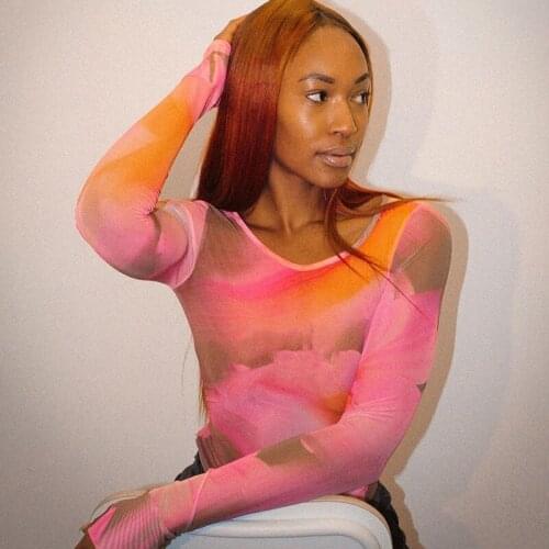 Tie Dye Print Crop Top Mesh Sheer See Through Long Sleeve T-shirt Women Summer Sweat Tee E-girl Aesthetic Streetwear