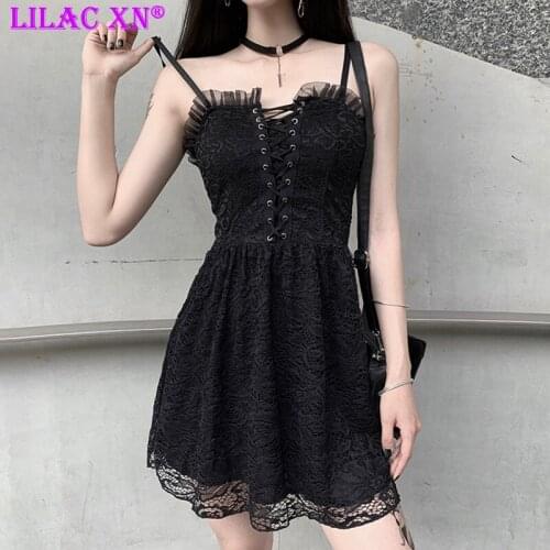 Y2K Sexy Lace Slip Mini Dresses for Women Girls Vintage Black Slim Hollow out Floral Party Dress Gothic Casual Summer Dress 2021