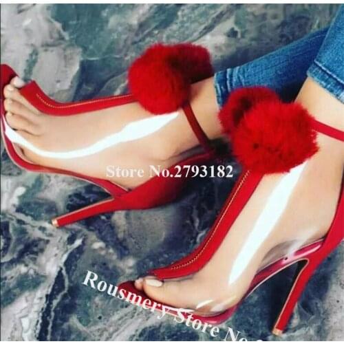 Women Sexy Peep Toe PVC Zipper Puffer Balls Decorated Stiletto Heel Short Gladiator Boots Red Black Blue Transparent Ankle Boots