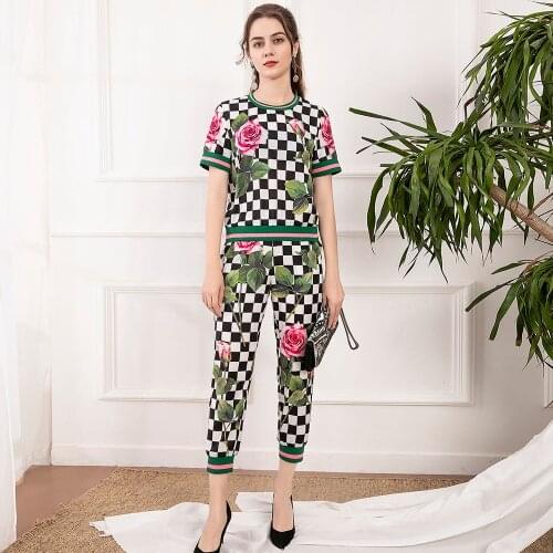 England Brand Casual Design Woman Sets Floral Plaid Print O Neck Tops Blouse Elastic Slim Long Pants Suits 2021Fashion Ladies