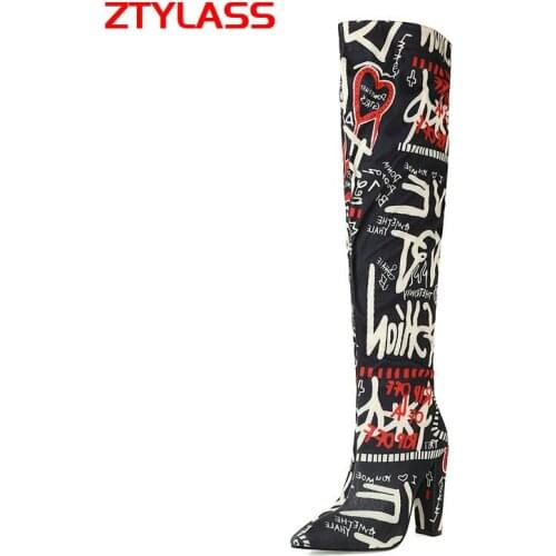2021 New Autumn Winter Women Knee High Boots Fashion Slip On Flowers Print Over The Knee Boots Pointed Toe Lady Shoes
