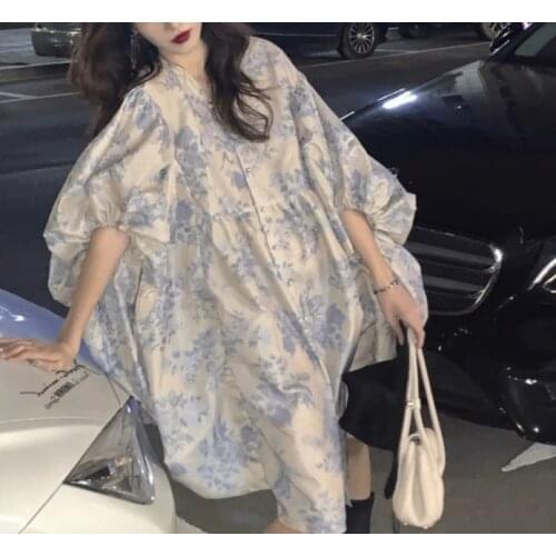 Goddess Fan lazy temperament printed dress female 2021 new loose age reduction fashionable wild retro