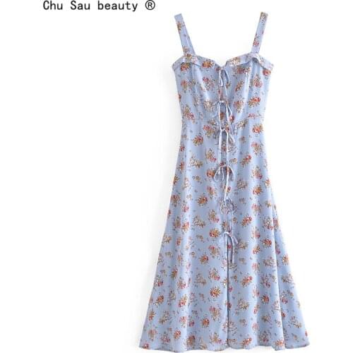 French Vintage Floral Print Lace-Up Bow Side Slit A-Line Strap Woman Dress Zipper 2021 Summer New Vestido Chic