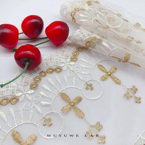 1yard Cross Flower Mesh Embroidery Polyester Lace Gold Thread Soft Tulle Clothing Lace Trimming Lolita Skirt Accessories 12.9CM