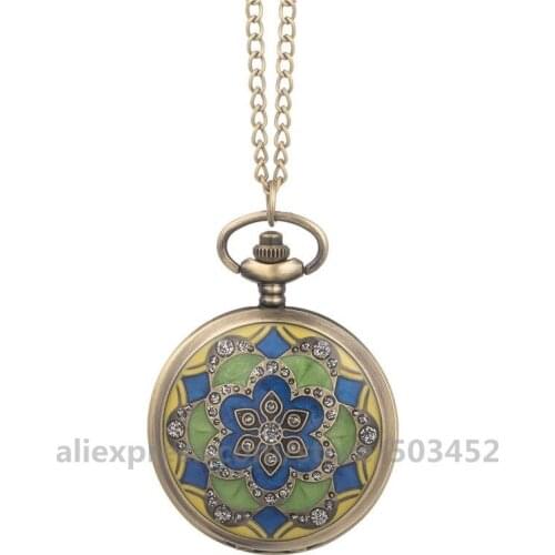 100pcs/lot Classic Green Jade Bronze Vintage Pocket Watch Flower Crystal Big Quartz Pocket Watch Necklace Pendant Chain Clock