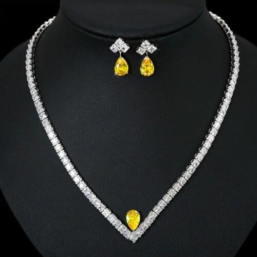 2021 Shiny Yellow Cubic Zirconia Stone Water Drop Necklace and Earrings Set For Women Party Dress Jewelry Accessory Wholesale