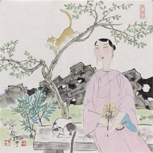 Free shipping classical Chinese girl rockery cat landscape oil painting canvas painting prints on canvas art decoration picture