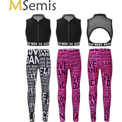 Girls Yoga Suit Outfits Zipper Closure Letters Crop Vest Top+LOVE DANCE Printed Leggings Pants 2Pcs Ballet Gymnastics Dance Wear