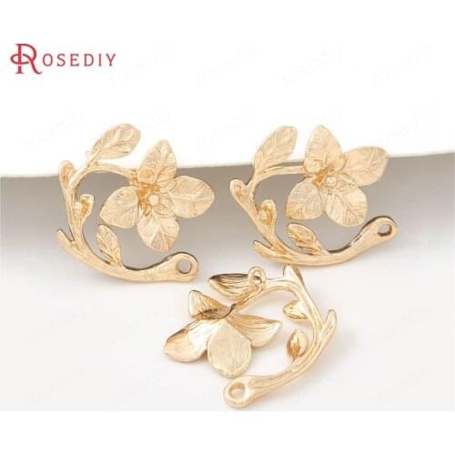 F543)6 pieces 22*23mm hole 1.5mm Brass 24K Champagne Gold Color Plated Flower Charms Pendants Jewelry Findings Accessories