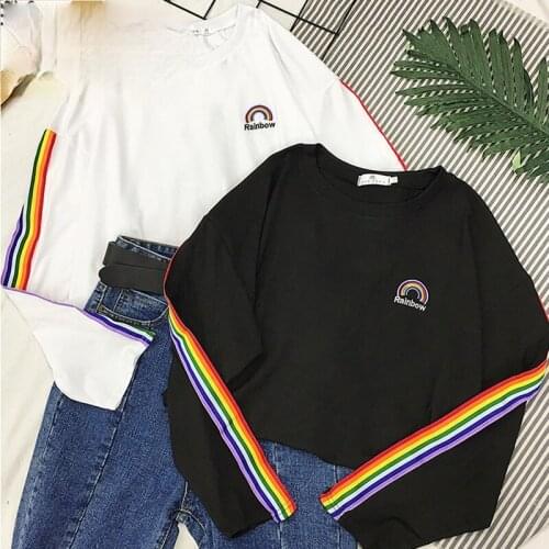 T-shirt Women Long Sleeve Rainbow Striped Kawaii Soft Loose Embroidery Korean Style Tee Lovely Fashion Womens All-match Harajuku