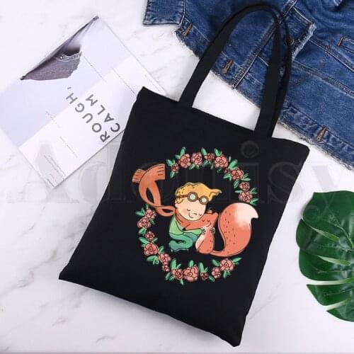 Little Prince Art Beautiful Retro Pretty Cute Black Canvas Print Shopping Bags Girls Fashion Life Casual Pacakge Hand Bag