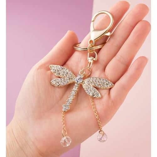 Crystal Butterfly Dragonfly Rhinestone Metal Keychain Gold Silver Pendant Bag Car Keyring Jewelry Lanyard Accessory Girl Gift
