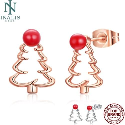 INALIS Christmas Tree Shape Luxury Earrings For Women Round Enamel Rose Gold Plated Stud Earring Fashion Jewelry To Girlfriend
