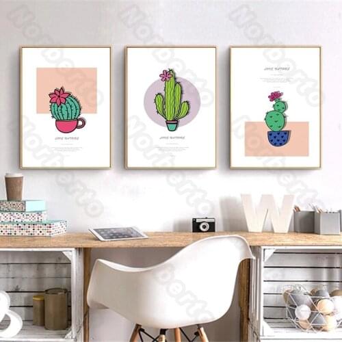 Modern Style Canvas Painting Posters Cartoon Green Plant Pictures Cactus with Small Flowers for Home Rooms Gallery Wall Decorati