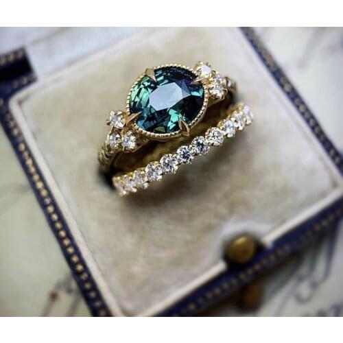 Vintage Female Green Zircon Stone Ring Set Luxury Gold Color Engagement Ring Dainty Oval Crystal Couples Wedding Rings For Women