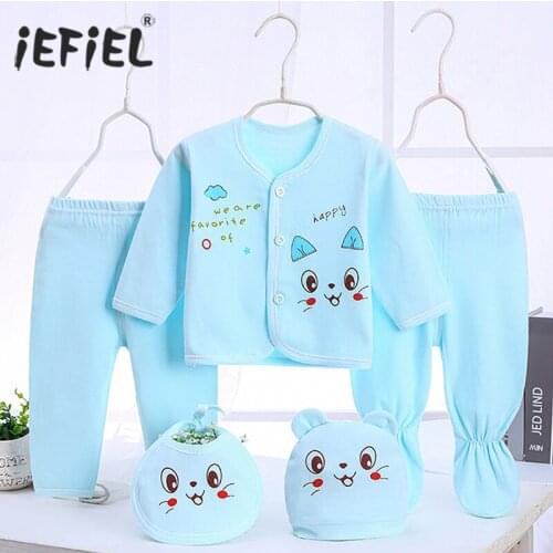 Newborn Infant Baby Boys Girls Clothes Sets Tops Pants Bibs Hats Clothing Set for Baby Cartoon Outfit 5Pcs Soft Cotton Gift Set