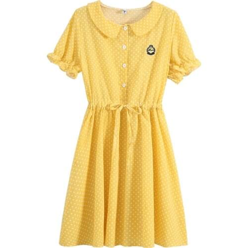 Summer women dress short sleeve polka dot shirt dress women casual college girls sweet cotton thin tunic dress midi robe