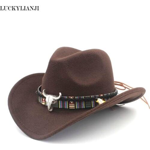 LUCKYLIANJI Child Kid Boy Girl Wool Felt 100% Western Cowboy Hat Wide Brim Cowgirl Cow Head Leather Band (One Size:54cm)