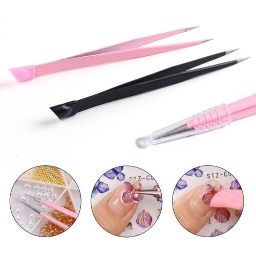 Nail multi-function double head tweezers with silicone press stick applique alloy diamond jewelry nail diamond clip tool