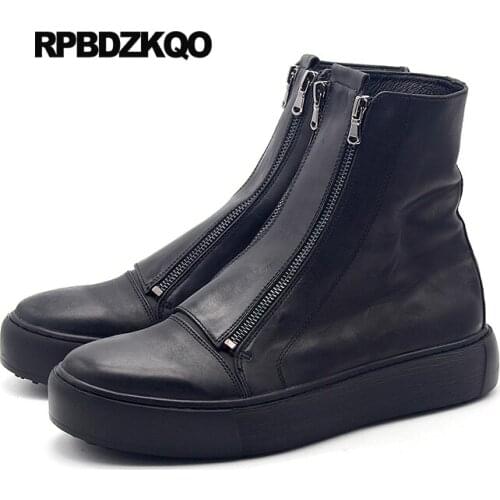 Zipper Short Trainer Runway Boots Mens Shoes Full Grain Fall Ankle Sneakers Genuine Leather Black Handmade Plus Size European
