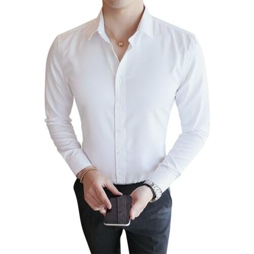 New Fashion Long Sleeve Shirt Solid Slim Fit Male Social Casual Business White Black Dress Shirt