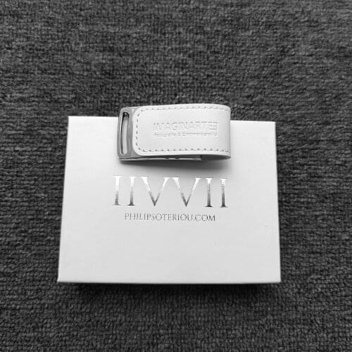 Custom Embossed LOGO Metal Leather USB 2.0 Memory Flash Stick Pen Drive with Hot Silver Stamping Box