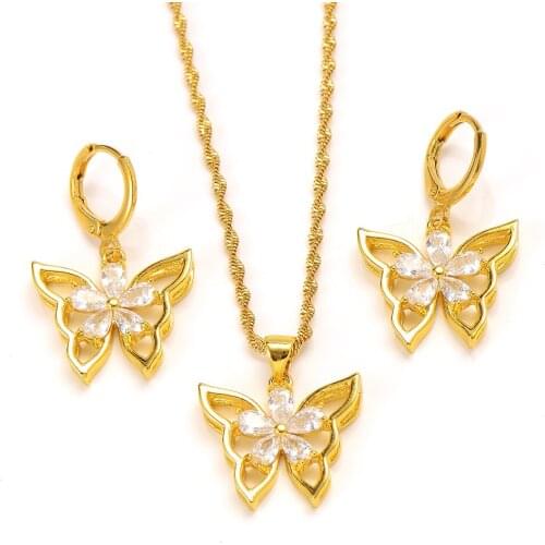 African vintage flower butterfly Pendant Necklace Gold Color Jewelry for Women wedding bridal party jewelry sets girls Gift