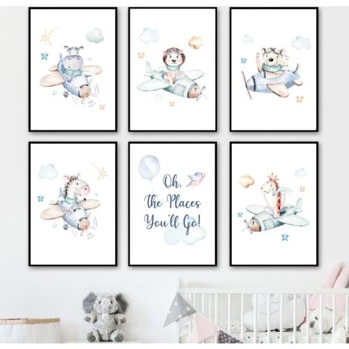 Adventure Airplane Zebra Giraffe Lion Bear Nursery Wall Art Prints Canvas Painting Nordic Poster Decor Pictures Baby Boy Room