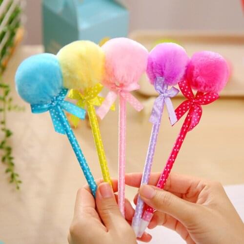 3Pcs 20.5cm Candy Color Bowknot Fluffy Ball Ballpoint Pen School Supplies Student Stationery Ball Pen Set Gift Random Send