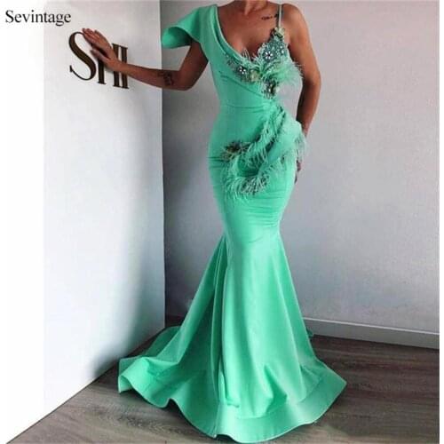 Sevintage Sexy Deep V Neck African Evening Dresses Mermaid Feathers Beads Lace Satin Formal Prom Party Gowns robes de soiree
