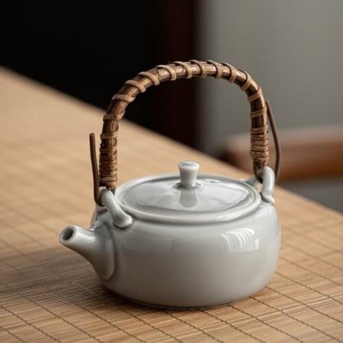 Ice gray glazed handle pot Japanese ceramic kung fu teapot small single pot rattan handle household teapot