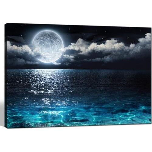 Modern Canvas Wall Art Large Full Moon in Cloud Landscape Picture Canvas Prints Blue Clear Ocean Seascape Poster Drop shipping