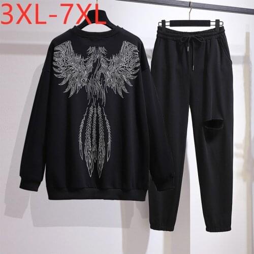 New Ladies Spring Autumn Plus Size Sports Sets For Women Large Cotton Black T-shirt And Pants Training Suit 3XL 4XL 5XL 6XL 7XL