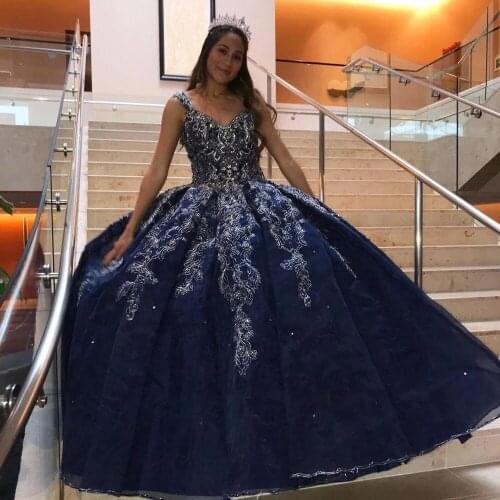 Navy Blue Lace Beaded Ball Gown Quinceanera Dresses 2021 Spaghetti V Neck Party Pageant Dress For Sweet 16 Girls