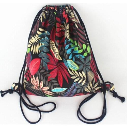 2019 New Ethnic Summer Vintage Drawstring Backpack Bag Bohemian Leaf Pattern Oxford String Bag Drawstring Bag Girls