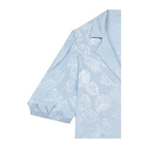 Women Blouse and Tops Jacquard Single Breasted Casual Turn Down Collar Short Sleeve Shirt 100% Viscose 2021 Summer Ladies Shirt