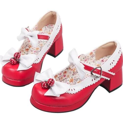 Mid Chunky Heel Lolita Strawberry Bell Double Bowknot Cotton Soft Japanese Lace Kawaii Women Shoes Anime Cosplay Tea Party Loli