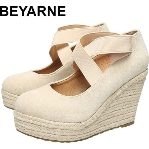 BEYARNE Women 10cm Heel Same Suede Wedge Single Shoes Womens Shallow Mouth Espadrilles Spring and Autumn New Sandals High Heels