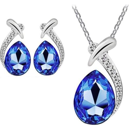 Water drop shape many color setting crystal necklace earrings sets silver color zinc alloy material party Jewelry sets for women