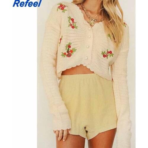 Spring Women Long Sleeve Korean Sweet Short Knitted Cardigan V Neck Crop Top Pearl Buttons Flower Embroidery Thin Outwear Blusas